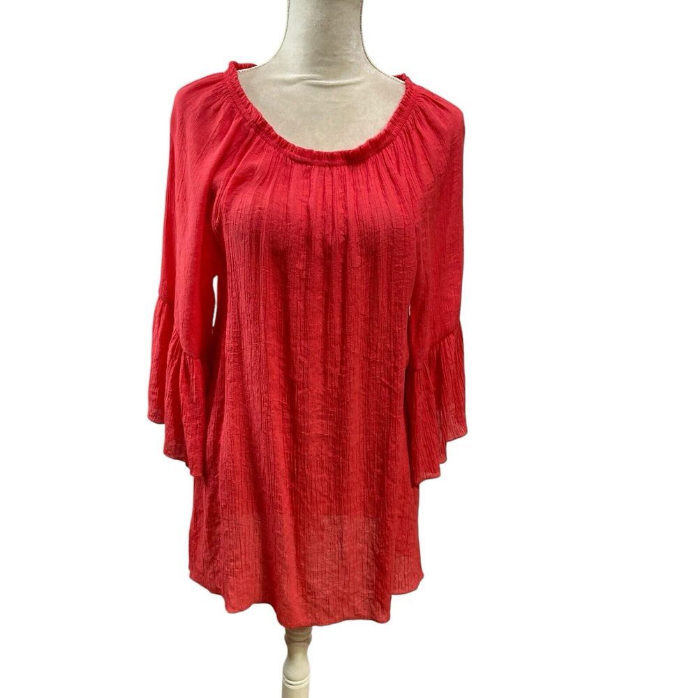 R.Rouge Womans‎ Dress L Bright Pink Crinkle Flowy Boho 3/4 Ruffle Sleeves USA